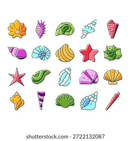 Ocean seashells and starfishes vector icon collection showcasing vibrant marine life, finding beach elements and underwater sea creatures for summer designs