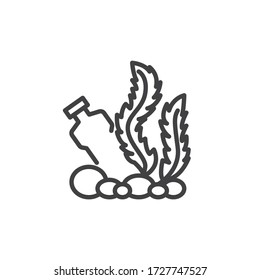 Icono de la línea de botellas de plástico y algas marinas. signo de estilo lineal para concepto móvil y diseño web. Icono de vector de contorno de contaminación de agua plástica. Símbolo, ilustración del logotipo. Gráficos vectoriales