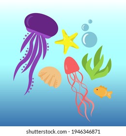 Ocean set, clip art jellyfish, star, fish, bubbles, seaweed, shell on isolated background, vector illustration, flat design