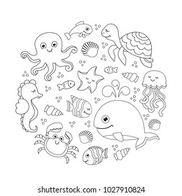 Ocean set with cute sea animals. Under the sea round pattern. Linear drawing