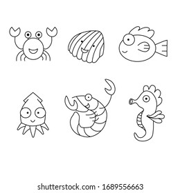 Ocean set with cute sea animals. Under the sea round pattern. Linear drawing