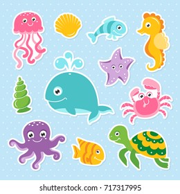 Ocean set with cute sea animals octopus turtle whale seahorse