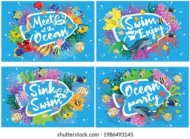 ocean set image vector. meet me at the ocean, sink or swim, swim and enjoy, ocean party. Coral reef, underwater sea life vector illustration. Cartoon flat ocean aquarium or sea waters