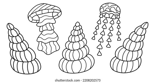Ocean set of linear seashells and jellyfishes vector illustration. Hand-drawn sea animals colouring book page for kids and adults vector