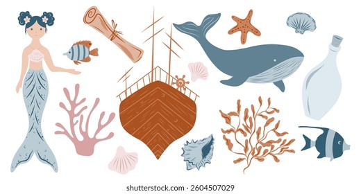 Ocean set, mermaid, ship, whale, fish, coral, algae, sea elements. Underwater Vector Set for cards, designs, invitations