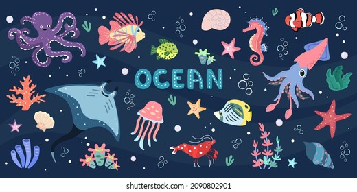 Océano con animales submarinos. Ilustración con pulpo, camarón, estingria, coral y peces.