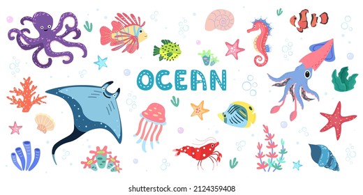 Ocean set with underwater animals. Illustration with octopus, shrimp, stingray, coral and fishes.