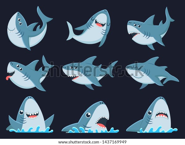 オーシャンシャークのマスコット 怖いサメ にこにこ笑うあご 泳ぐサメ 水中の海の怪獣大海のサメのキャラクター カートーンベクターイラストのアイコン セット のベクター画像素材 ロイヤリティフリー