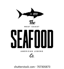 Ocean shark monochrome vector logo concept isolated on white. Premium quality vintage seafood logotype emblem illustration. Old style street wear superior badge design. Food restaurant label.