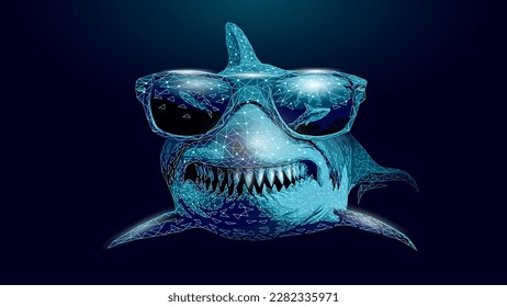 Ocean shark in sunglasses. Open toothy dangerous mouth with many teeth. Underwater blue sea waves clear water shark swims forward.