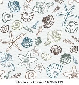 Concha del océano y estrella de mar patrón sin fisuras ilustración de fondo de Fondo de pantalla textura de la etiqueta de Anuncio
