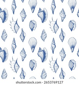 Padrão sem emenda de marisco oceânico. Detalhado vintage Mediterrâneo tinta azul caneta desenho. Vetor marinho ilustração com elementos subaquáticos para impressão, design, têxtil, envoltório, vestuário