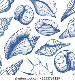 Padrão sem emenda de marisco oceânico. Detalhado vintage Mediterrâneo tinta azul caneta desenho. Vetor marinho ilustração com elementos subaquáticos para impressão, design, têxtil, envoltório, vestuário