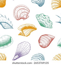 Padrão sem emenda de marisco oceânico. Detalhado vintage desenho de caneta de tinta colorida. Vetor marinho ilustração com elementos subaquáticos para impressão, design, têxtil, envoltório, vestuário