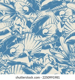 Ocean shells monochrome pattern seamless with mussels and seashells with precious pearls and oysters found on seabed vector illustration