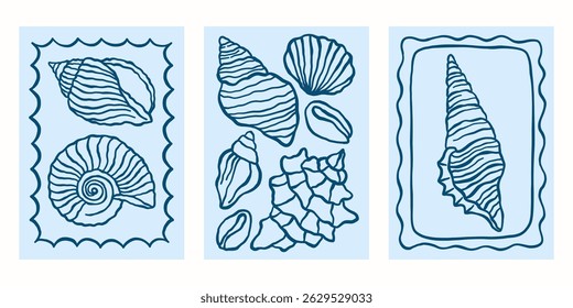 Ocean shells vector posters set. Minimalist retro coastal print designs with outline seashells illustrations in whimsical frames