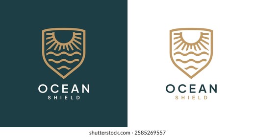 Ocean shield line icon. Gold luxury beach logo. Vector illustration