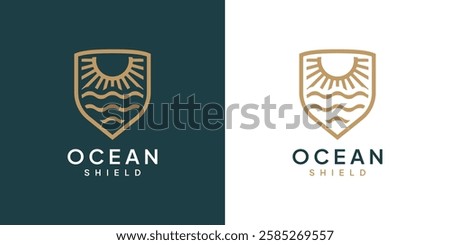 Ocean shield line icon. Gold luxury beach logo. Vector illustration