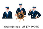 ocean ship captain  vector.  crew helm, deck compass, anchor chart ocean ship captain character. people flat cartoon illustration