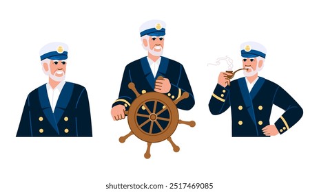 Vector del capitán del barco oceánico. timón de la tripulación, brújula de cubierta, carta de anclaje. personaje del capitán del barco oceánico. ilustración de dibujos animados planos de personas