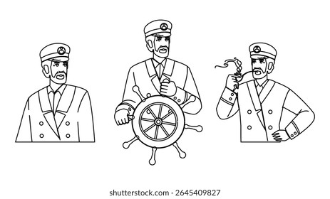navio oceano capitão vetor. leme da tripulação, bússola convés, gráfico âncora navio oceano capitão personagem. pessoas linha preta lápis desenho ilustração