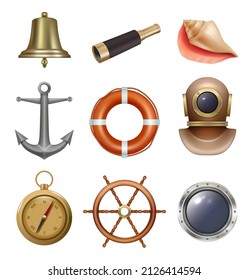 Ocean ship equipment. Sea diving space suit steering wheel steel anchor safety lifebuoy compass decent vector illustration in realistic style