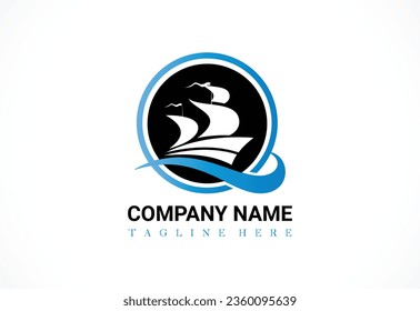 Ocean Ship logo, nautical sailing icon vector design. Sea boat illustration. Vector logo template.