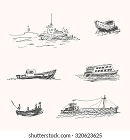 Ocean ship or vessel marina drawings set, in hand drawn sketch style, for freight, seafaring, and trade commerce business design