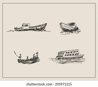 Ocean ship or vessel set, in hand drawn sketch vintage style, for freight, seafaring, and trade commerce business design
