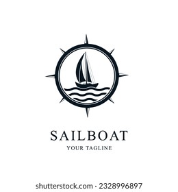 Vintage-Logo des Ozeans, Vektorgrafik minimalistisch, Design des Segelbootes