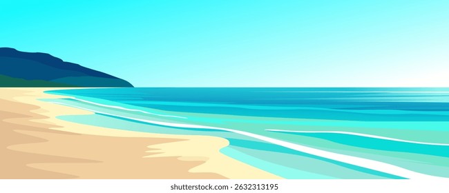 Ocean shore with beautiful sandy beach. Vector landscape illustration of sandy ocean shore with stunning turquoise water. Turquoise sea water on paradise beach.