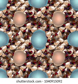  Ocean shore with colored sea stones. Sea pebble with shells seamless pattern of different shapes.