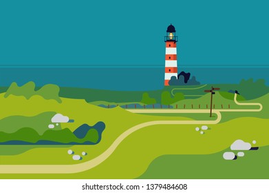 Ocean shore with lighthouse landscape background in trendy flat design. Green meadows scenery with lighthouse and sea in the distance. Ideal as travel, outdoor recreation activities banner