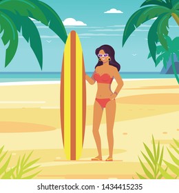 Ocean shore, tropical beach, sea coast. Sea waves. Surfer female.