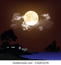 Ocean shoreline with a coastline property and sailing ship against a cloudy moonlit sky background