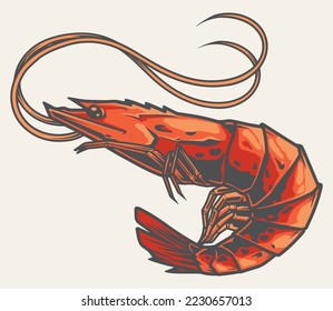 Ocean shrimp detailed colorful logotype with marine crustacean with long mustache animal for decoration of seafood restaurant vector illustration