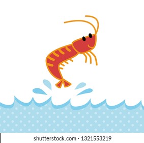 ocean Shrimp jumps out of water, cartoon character vector illustration Isolated on white background, for icon/ logo design