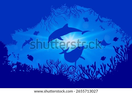 Ocean silhouette with dolphins, manta rays, seahorses, and coral reef under sunlit water. Ideal for marine backgrounds, underwater themes, and ocean conservation projects.