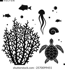 Ocean silhouette. Isolated fish jellyfish shell sea turtle and coral. Sea life vector