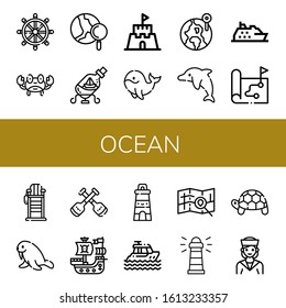 ocean simple icons set. Contains such icons as Helm, Crab, World, Ship in a bottle, Sand castle, Whale, Dolphin, Cruise, Map, Lifeguard chair, can be used for web, mobile and logo