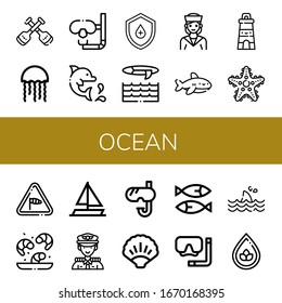 ocean simple icons set. Contains such icons as Paddles, Jellyfish, Dive, Dolphin, Drop, Surf, Sailor, Shark, Lighthouse, Starfish, Wind, Shrimp, can be used for web, mobile and logo