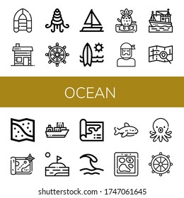 ocean simple icons set. Contains such icons as Inflatable boat, Hut, Shellfish, Helm, Sailing boat, Surfboard, Surfing, Sailor, Boat, Map, can be used for web, mobile and logo