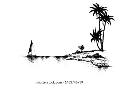Ocean sketch illustration, summer elements design for posters, cards, basis graphics white and black