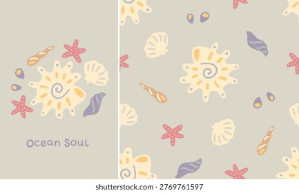 Ocean Soul nautical bundle with stylish print and seamless pattern. Sun bleached shells on muted sage green background. Trendy vector for aesthetic kids apparel swimwear beachwear and summer clothing