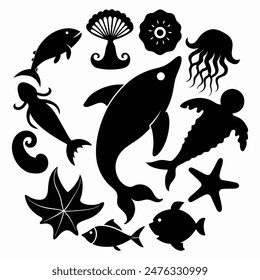 ocean species silhouette icons, sea fauna silhouette vector set, fish and sea life vector icons