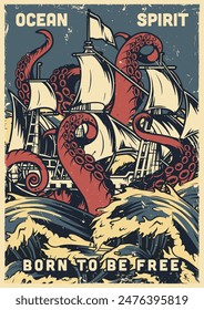 Ocean spirit colorful vintage sticker with mythical monster kraken devouring ship with sailors sailing on sea waves vector illustration