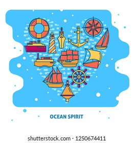 Ocean spirit concept banner with ship icons in line style