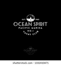 Ocean spirit emblem. Yacht Club emblem. Letters and sea landscape on a background with waves. 