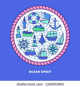 Ocean spirit round concept banner with ship icons in line style