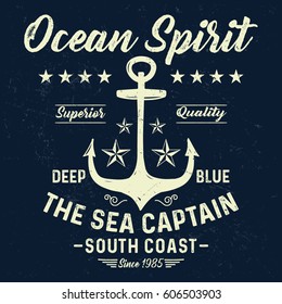 Ocean spirit, the sea captain, anchor typography, t-shirt graphics, vectors